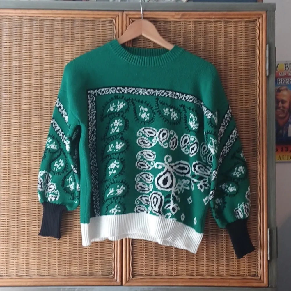 DAVI & DANI Emerald Knit Sweater with Monochrome Details Hankercheif Design - Picture 1 of 3